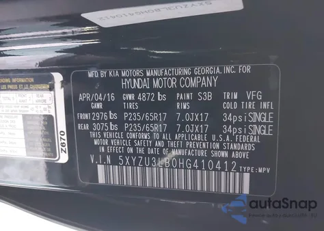 2017 Hyundai Santa Fe Sport 2.4L из США, поврежденный, VIN 5XYZU3LB0HG410412